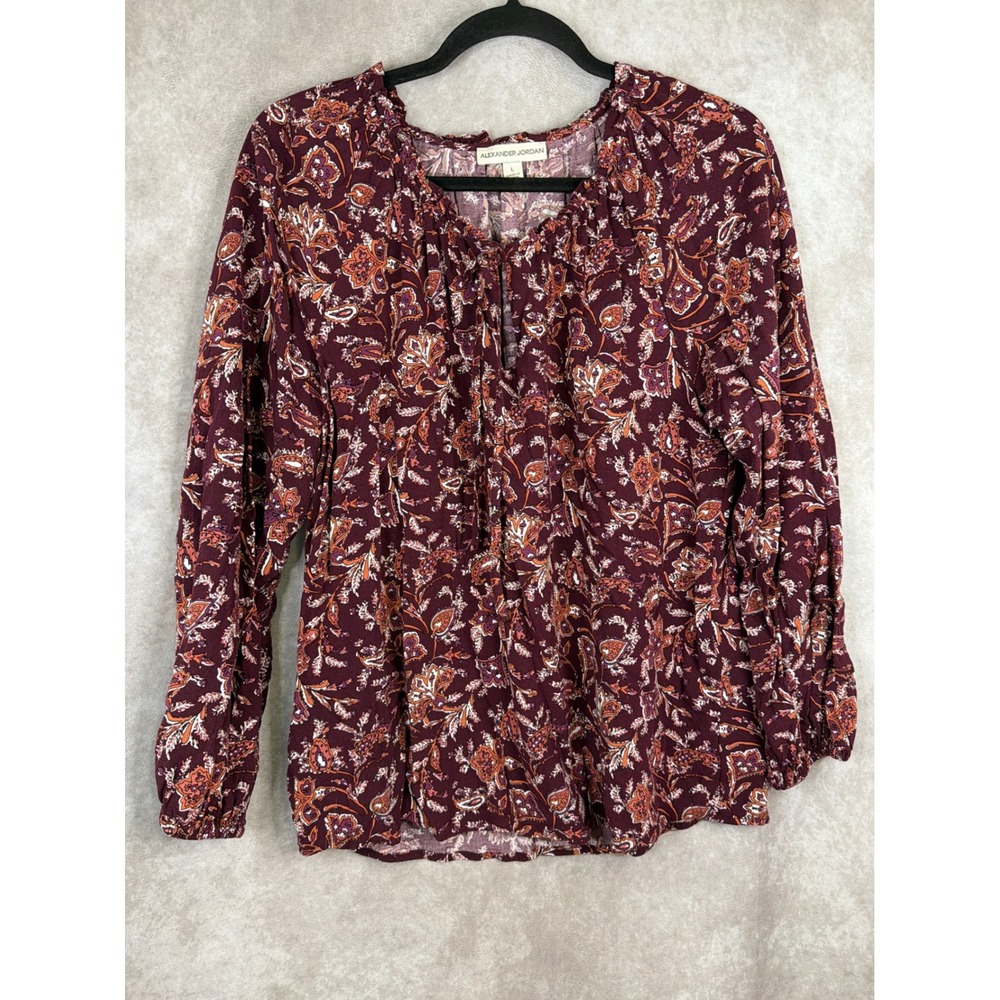 ALEXANDER JORDAN Womens Burgundy Floral Print Peasant‎ Blouse Top Size L Paisley